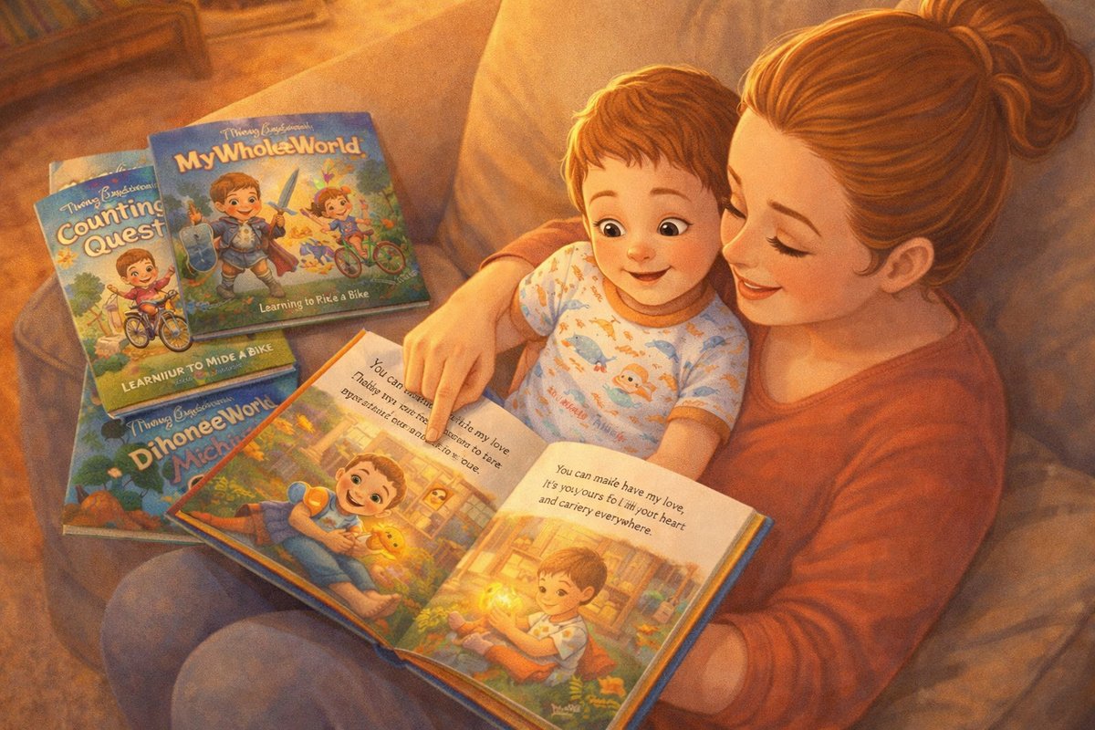 Parent and child reading a personalized MyWholeWorld book together, showing custom illustrations