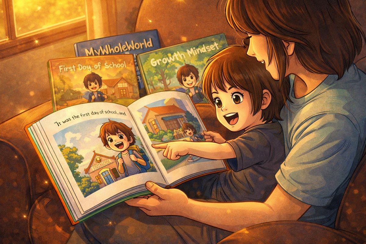 Preschoolers reading personalized MyWholeWorld storybooks in a cozy reading corner