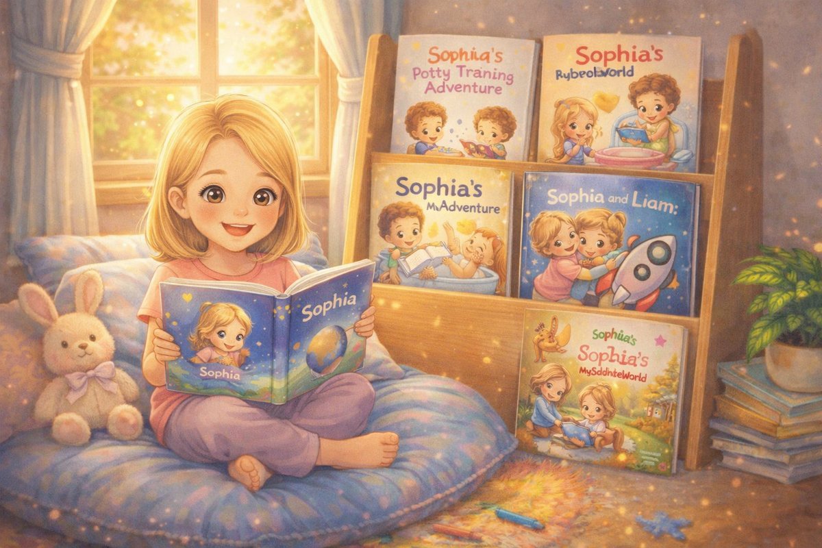 Toddler-friendly reading area with personalized books displayed at child height