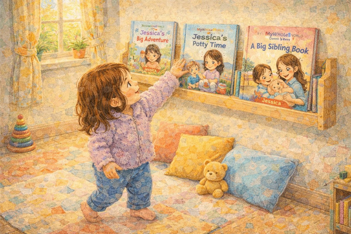 Child reading a MyWholeWorld personalized book in a cozy reading nook