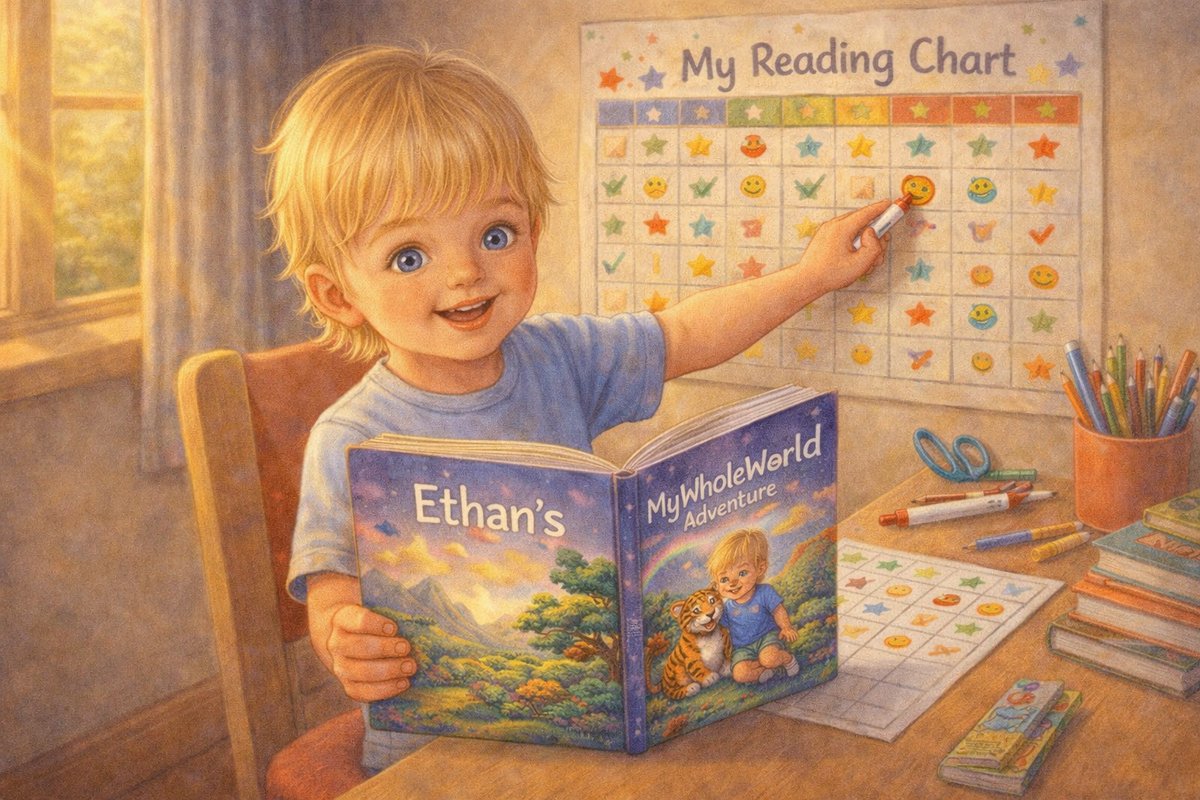 Child tracking reading progress with personalized storybook and reading chart