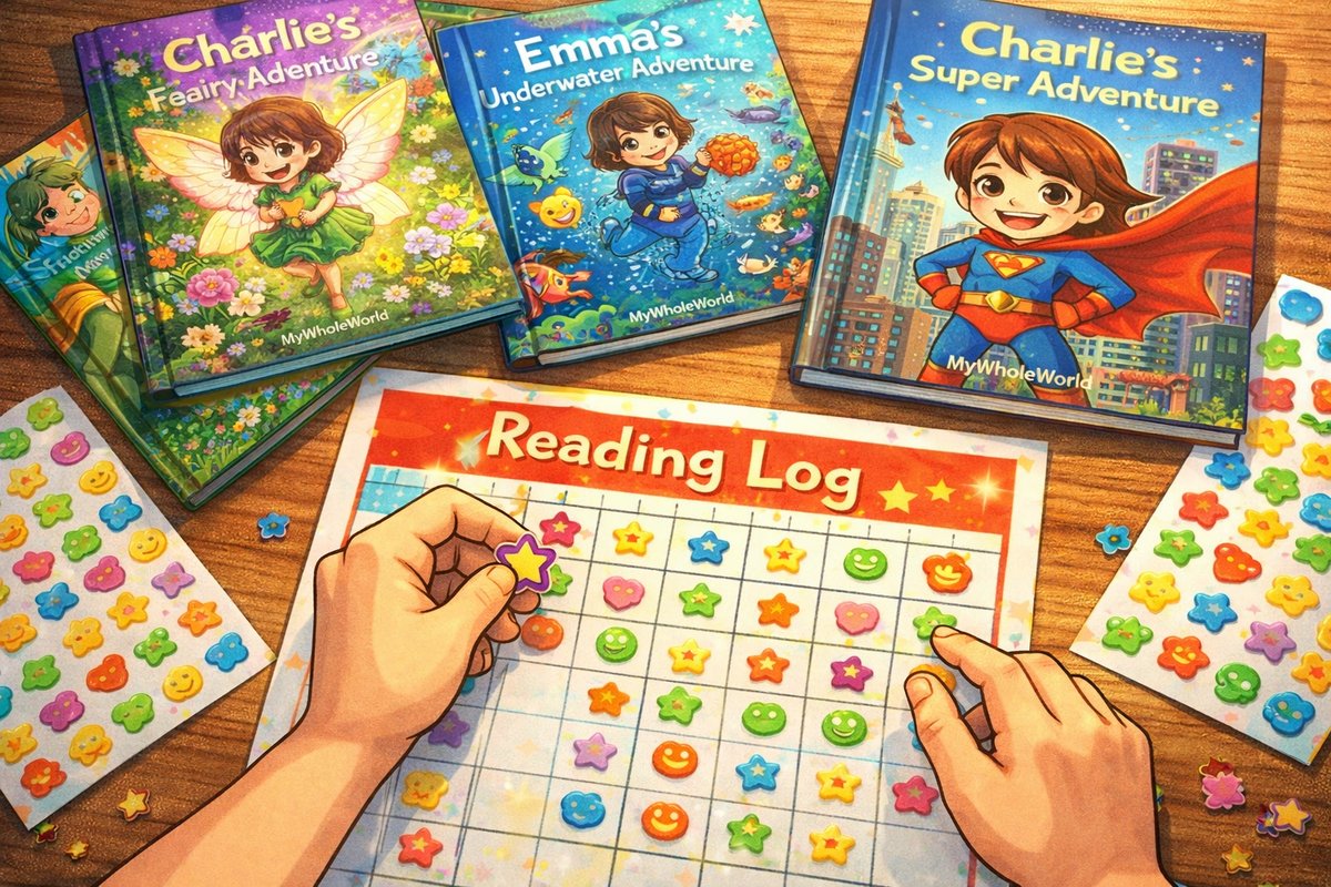 Child adding sticker to kids reading chart with personalized books