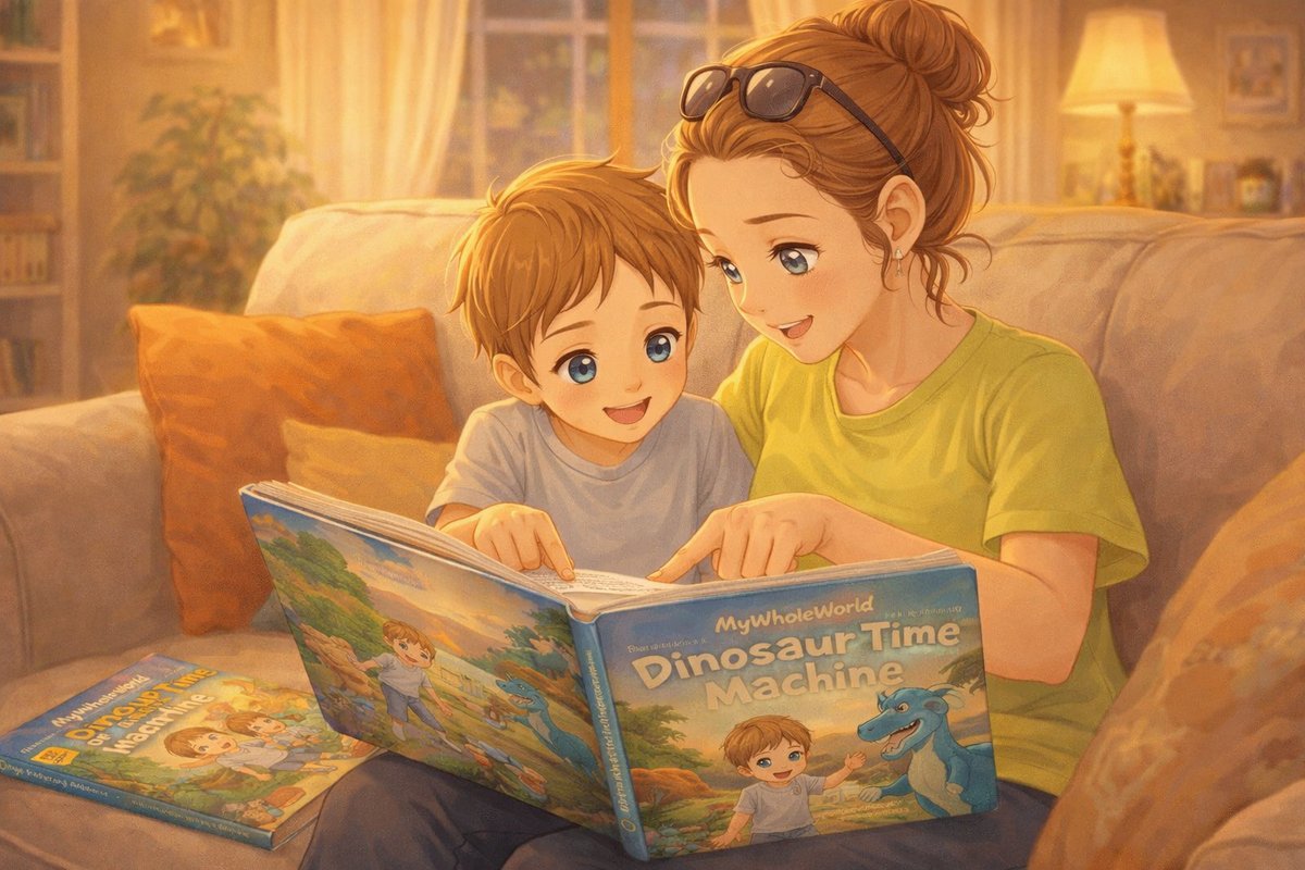 Parent and child partner reading with personalized storybook