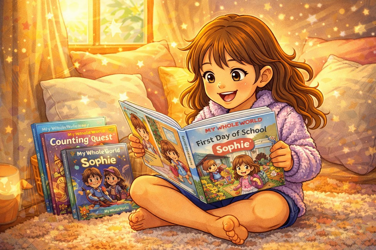 Preschooler reading a MyWholeWorld personalized book in a cozy reading nook