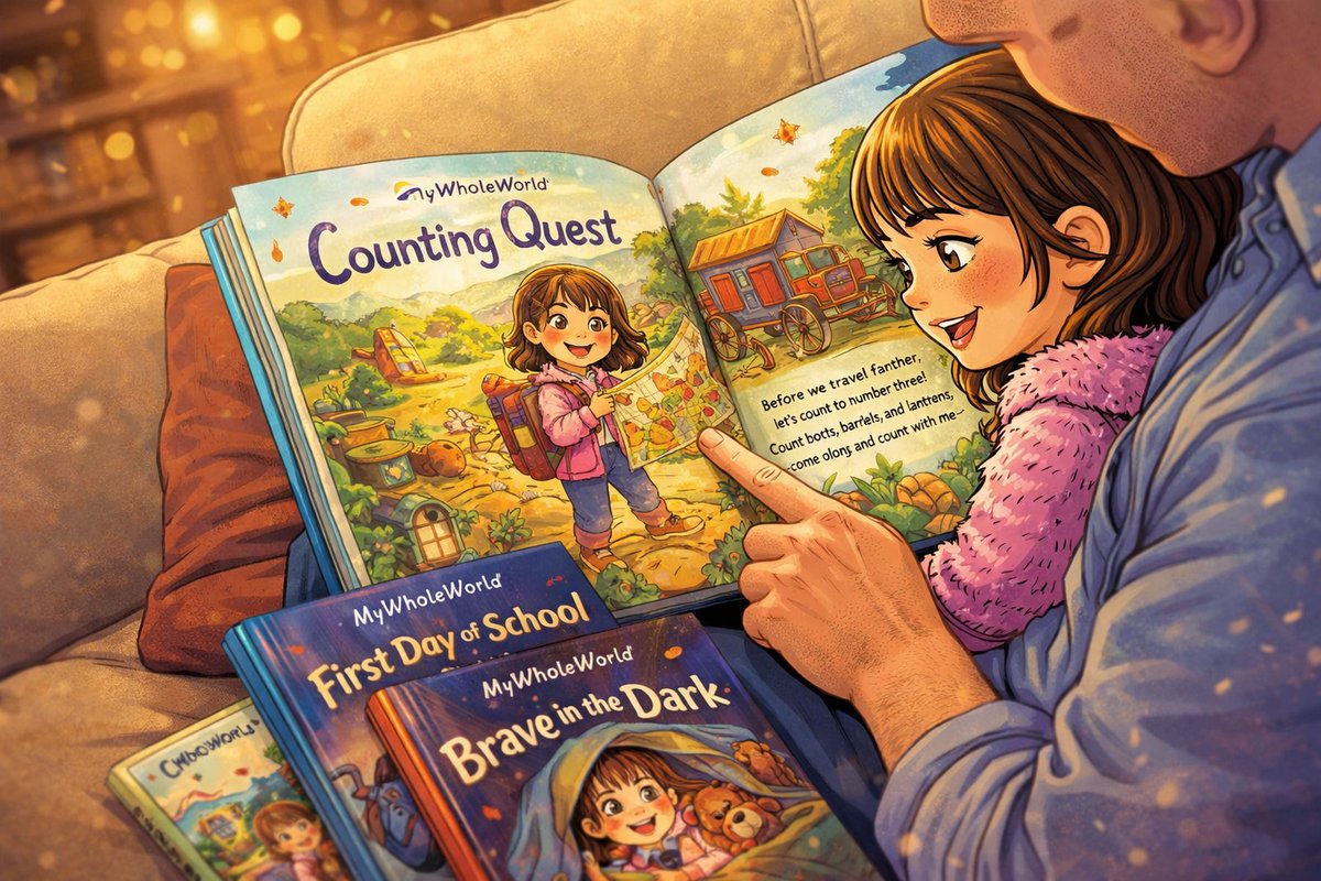 Parent and preschooler enjoying a personalized storybook together during reading time