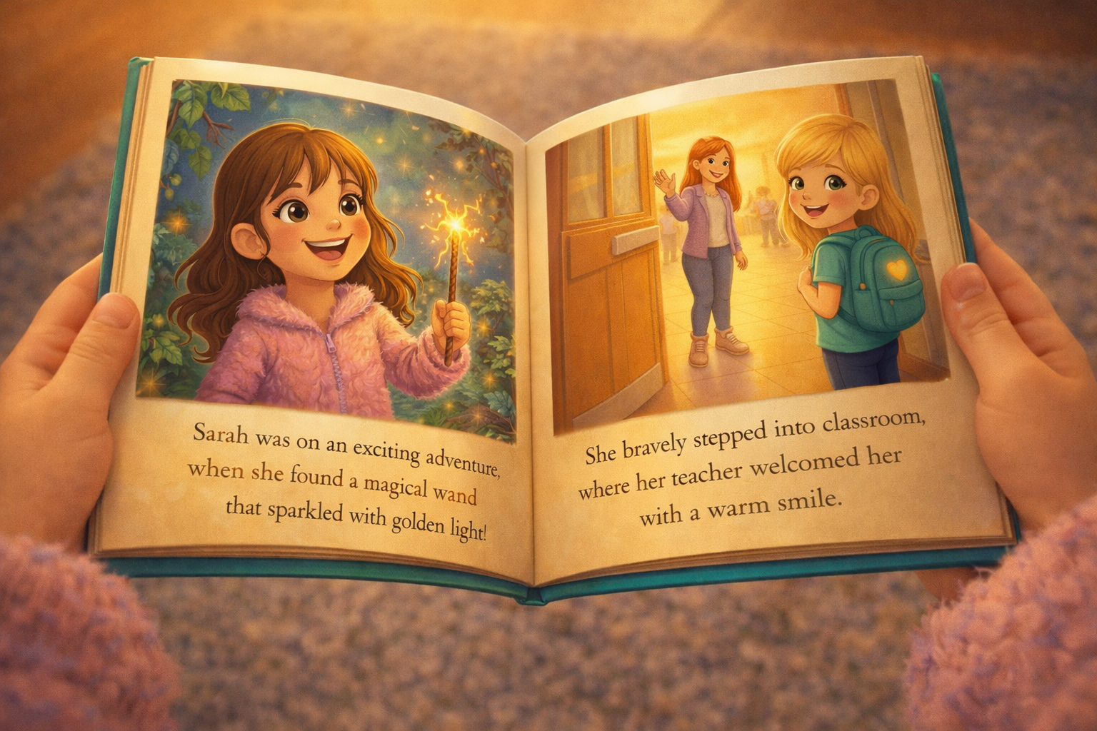 Parent reading aloud to engaged first grader on couch