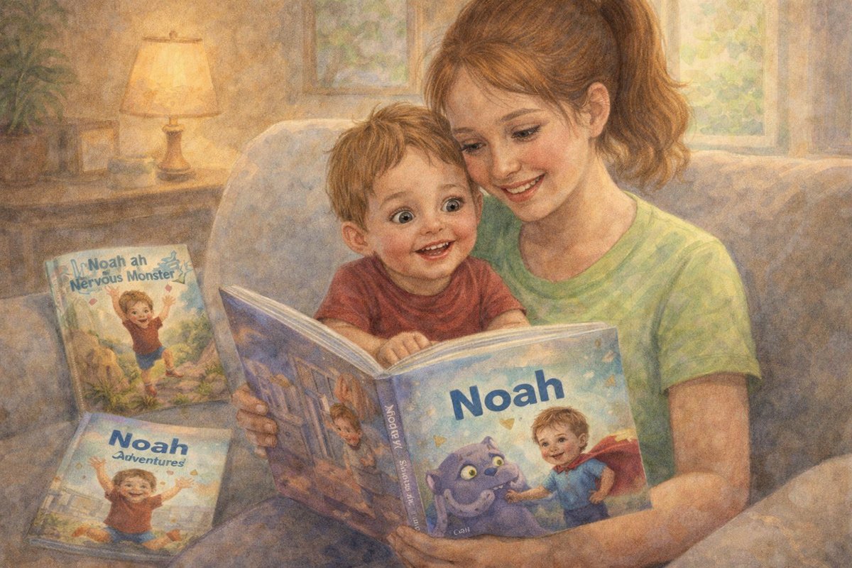 Toddler engaging with personalized storybook illustrations