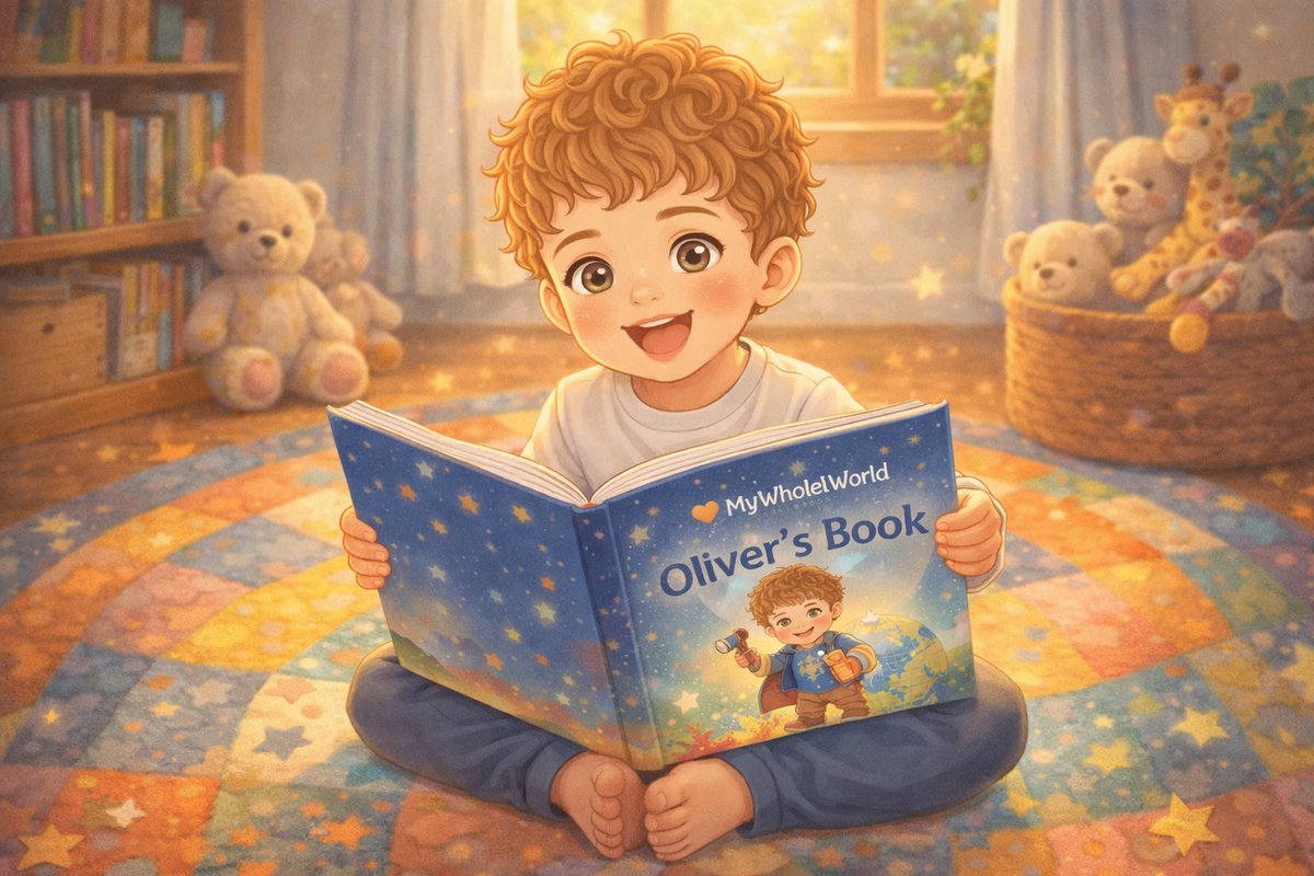 Three-year-old reading a MyWholeWorld personalized children's book