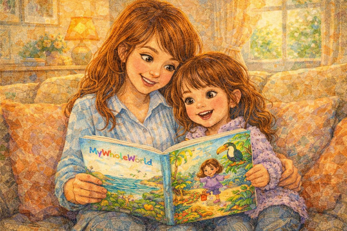 Parent and 3-year-old enjoying a personalized storybook together