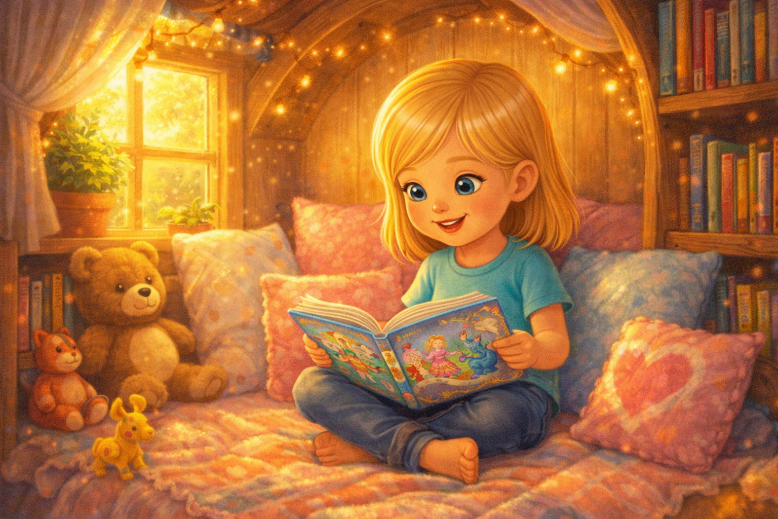 Six-year-old child reading independently in cozy reading nook