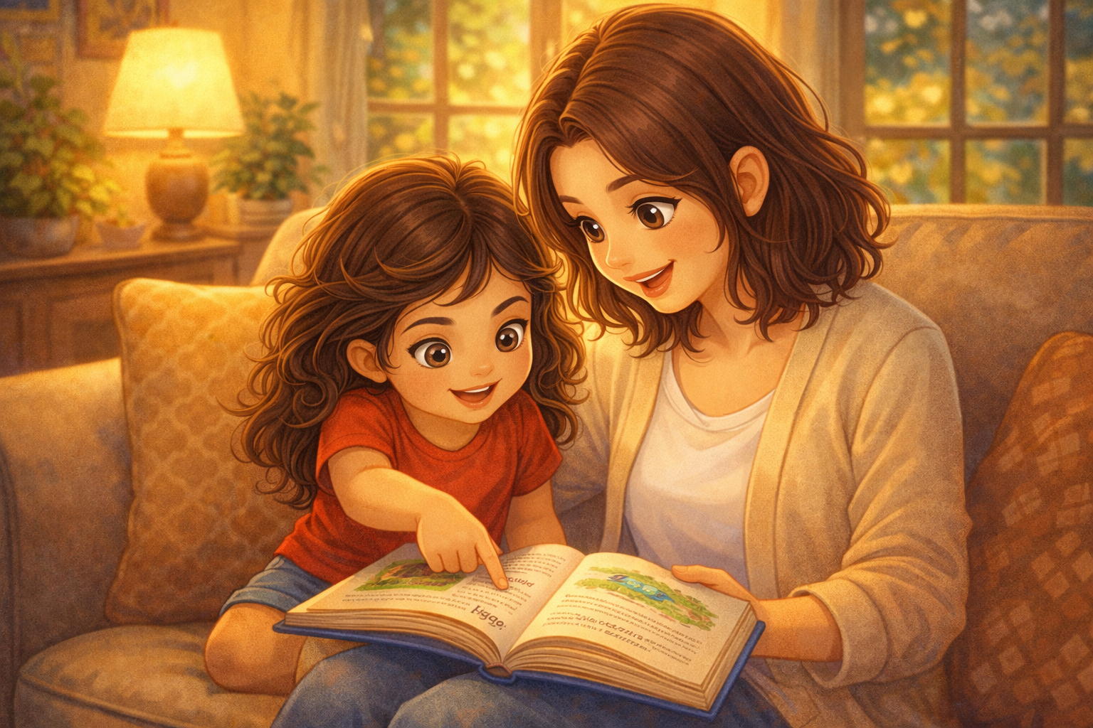 Parent supporting first grader with reading practice at home