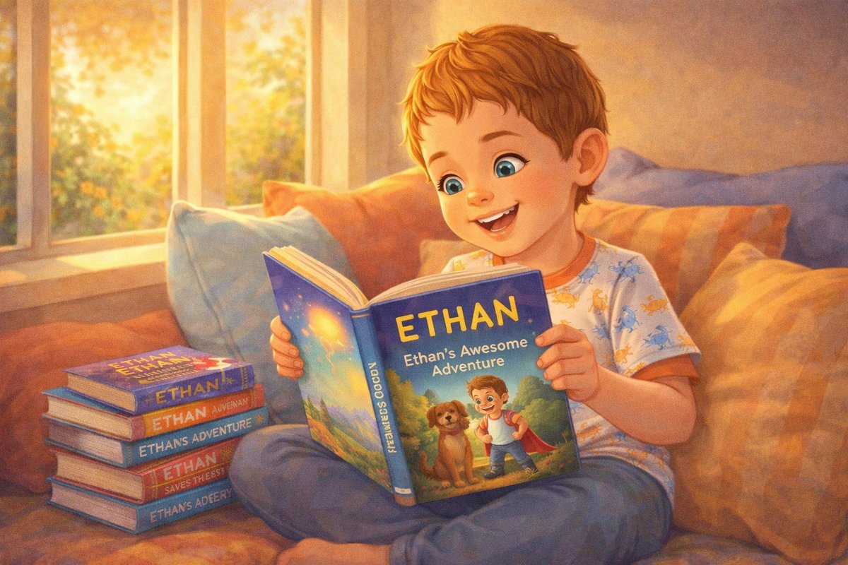 7-year-old reading a MyWholeWorld personalized chapter book in a cozy reading nook