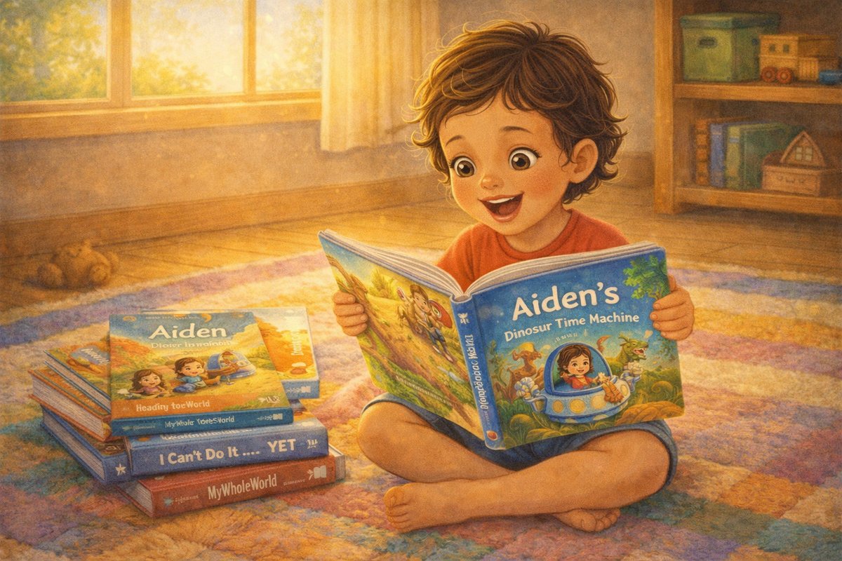 Five-year-old child reading a MyWholeWorld personalized storybook