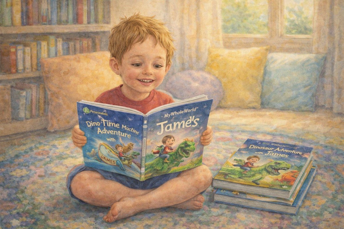 Kindergartener reading a MyWholeWorld personalized book in a cozy reading space