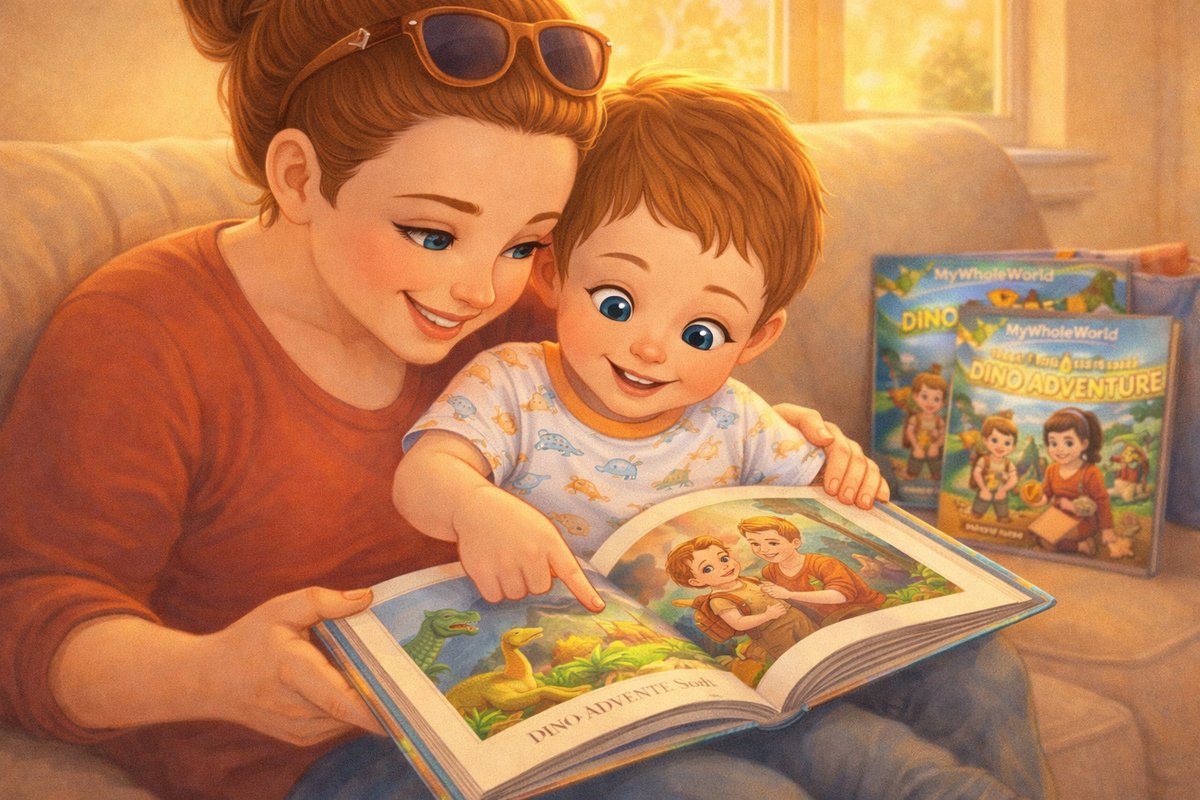 Parent helping kindergartener with reading using a personalized storybook