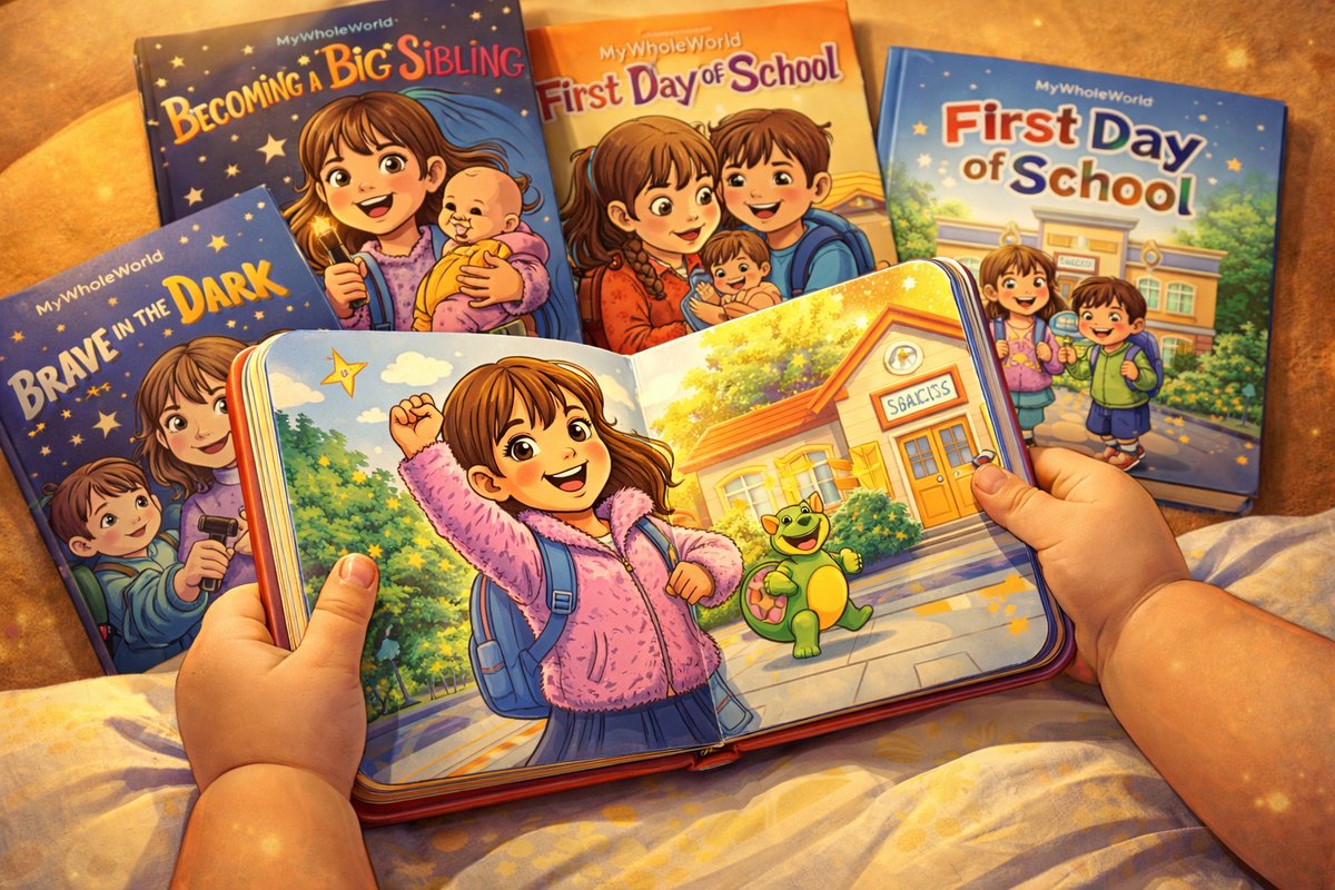 Parent and toddler reading a MyWholeWorld personalized book together